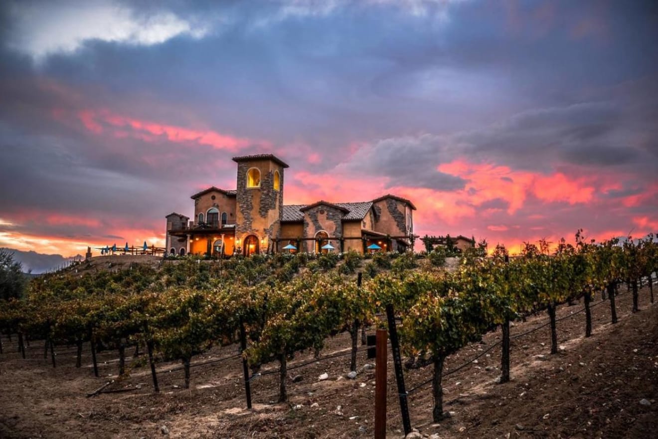 A scenic view of a vineyard at sunset, featuring a luxurious villa with stone architecture and warm lights, surrounded by rows of grapevines.
