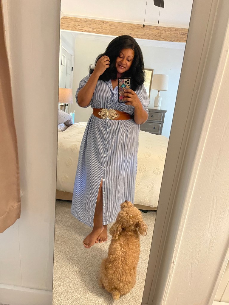 A woman in a striped dress stands in front of a mirror, smiling while taking a selfie. A small dog looks up at her from the floor.